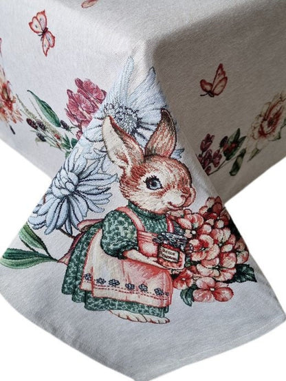 Tapestry Tablecloth With Rabbits, Hares Family And Flowers Pattern | Festive Home Decor And Textile, Housewarming, Family Present idea