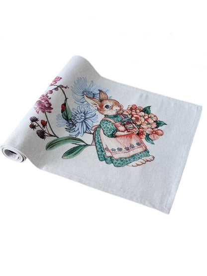 Tapestry Tablecloth With Rabbits, Hares Family And Flowers Pattern | Festive Home Decor And Textile, Housewarming, Family Present idea