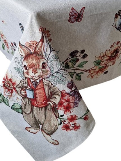 Tapestry Tablecloth With Rabbits, Hares Family And Flowers Pattern | Festive Home Decor And Textile, Housewarming, Family Present idea