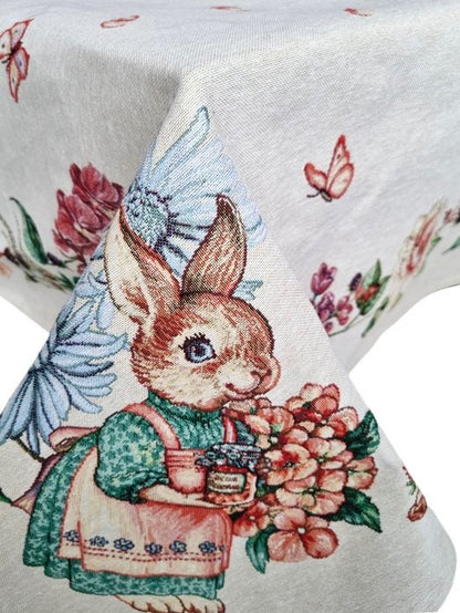 Tapestry Tablecloth With Rabbits, Hares Family And Flowers Pattern | Festive Home Decor And Textile, Housewarming, Family Present idea