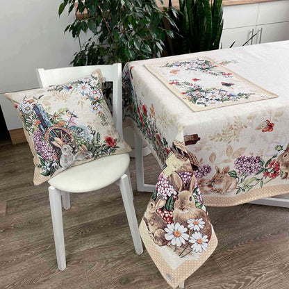 Beige Tapestry Tablecloth With Rabbits And Flowers Pattern | Kitchen And Living Room Textile Set, Festive Home Decor, Present Idea.