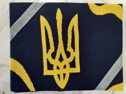 Blue And Yellow Knitted Blanket With Boarders Of Ukraine And Its Emblem Pattern | Throw With Borders Of Ukraine, Moto Words Free Country