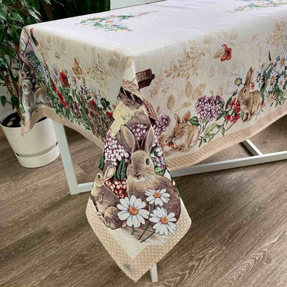 Beige Tapestry Tablecloth With Rabbits And Flowers Pattern | Kitchen And Living Room Textile Set, Festive Home Decor, Present Idea.