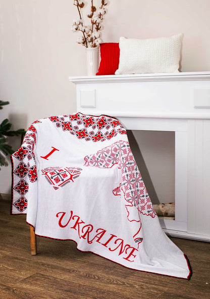 White Knitted Blanket With The Map Of Ukraine And Embroidery Print | Throw With Words I Love Ukraine, Present Idea