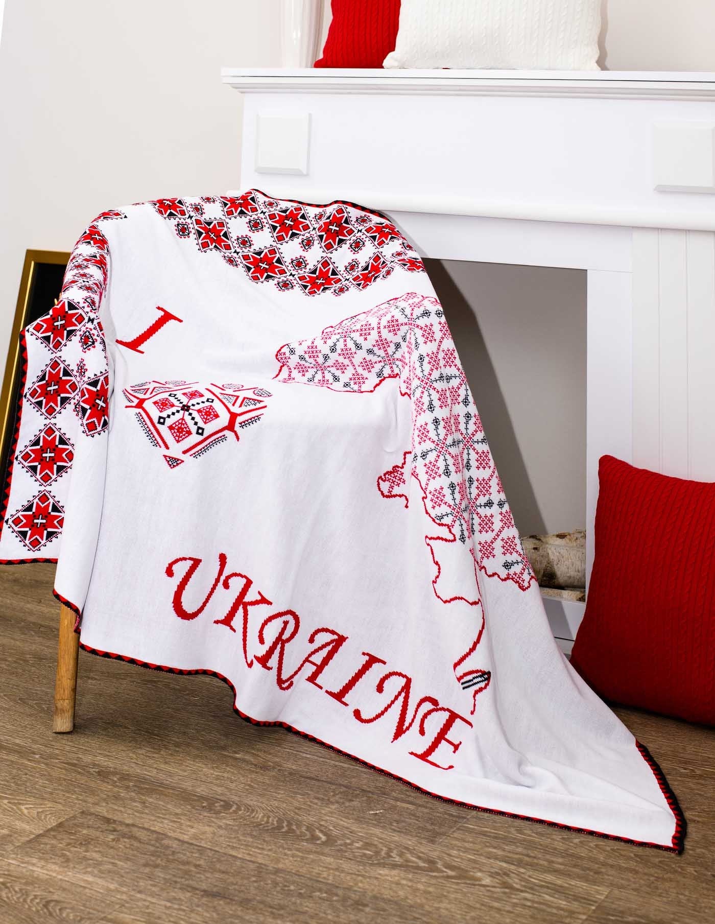 White Knitted Blanket With The Map Of Ukraine And Embroidery Print | Throw With Words I Love Ukraine, Present Idea