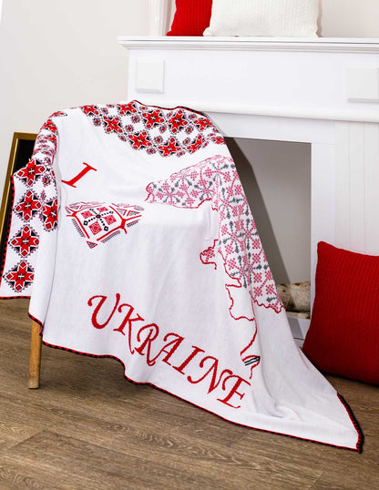 White Knitted Blanket With The Map Of Ukraine And Embroidery Print | Throw With Words I Love Ukraine, Present Idea
