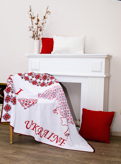 White Knitted Blanket With The Map Of Ukraine And Embroidery Print | Throw With Words I Love Ukraine, Present Idea