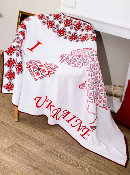 White Knitted Blanket With The Map Of Ukraine And Embroidery Print | Throw With Words I Love Ukraine, Present Idea