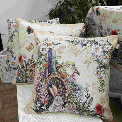 Beige Tapestry Table Runner With Rabbits, Hares And Flowers Pattern | Kitchen, Living Room Festive Home Decor, Housewarming Present Idea.