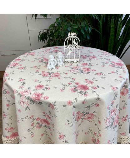 White Table Runner With English Roses Print And Lace Edging | Country Kitchen Textile Set, Home Decor