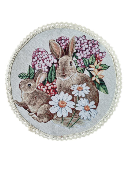 Beige Round Tapestry Tablecloth With Rabbits And Flowers Pattern | Kitchen And Living Room, Festive Home Decor, Present Idea.