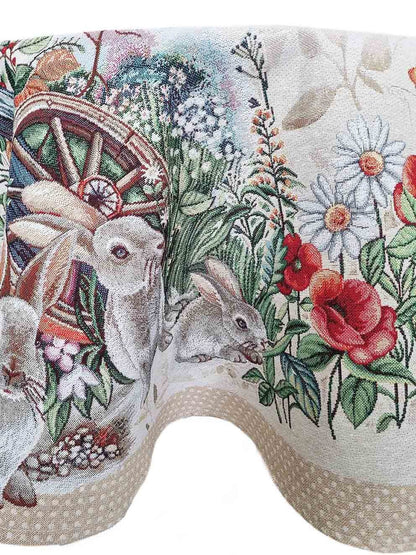Beige Round Tapestry Tablecloth With Rabbits And Flowers Pattern | Kitchen And Living Room, Festive Home Decor, Present Idea.