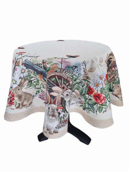 Beige Tapestry Tablecloth With Rabbits And Flowers Pattern | Kitchen And Living Room Textile Set, Festive Home Decor, Present Idea.