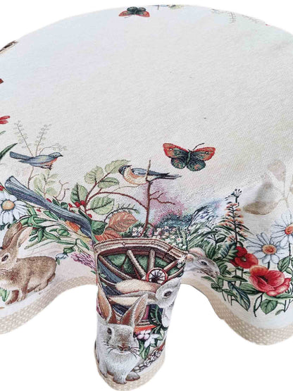 Beige Round Tapestry Tablecloth With Rabbits And Flowers Pattern | Kitchen And Living Room, Festive Home Decor, Present Idea.