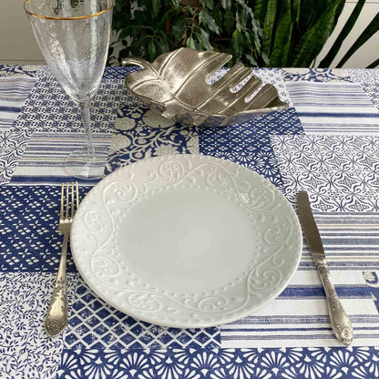 Blue And White Water-Repellent Tablecloth With Patchwork And Flowers Print | Festive Home Decor, Kitchen, Waterproof, Stain Resistant Textile