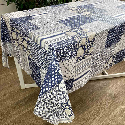 Blue And White Water-Repellent Tablecloth With Patchwork And Flowers Print | Festive Home Decor, Kitchen, Waterproof, Stain Resistant Textile