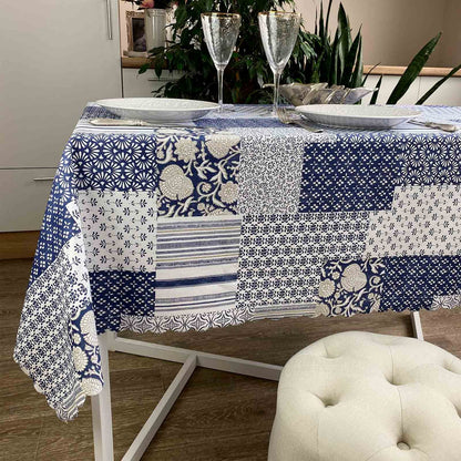Blue And White Water-Repellent Tablecloth With Patchwork And Flowers Print | Festive Home Decor, Kitchen, Waterproof, Stain Resistant Textile