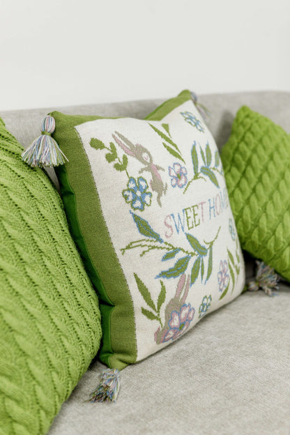 Knitted Pillowcase With Tassels, Bunny, Flowers, Sweet Home Words Pattern | Easter Holiday Festive Home Decor, Living Room, Bedroom Textile Set, Gift Idea