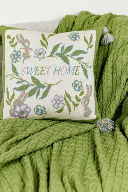 Knitted Blanket With Bunnies, Flowers, Sweet Home Words Pattern | Festive Home Decor, Living Room, Bedroom Textile Set With Pillowcase