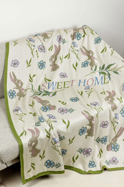 Knitted Blanket With Bunnies, Flowers, Sweet Home Words Pattern | Festive Home Decor, Living Room, Bedroom Textile Set With Pillowcase