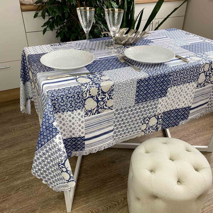 Blue And White Water-Repellent Tablecloth With Patchwork And Flowers Print | Festive Home Decor, Kitchen, Waterproof, Stain Resistant Textile