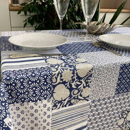 Blue And White Water-Repellent Tablecloth With Patchwork And Flowers Print | Festive Home Decor, Kitchen, Waterproof, Stain Resistant Textile