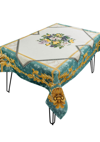 White And Green Tapestry Tablecloth With Lemons, Grapes, Flowers, Gold Monogram Pattern | Luxury Home Decor, Living Room Textile, Gift Idea.