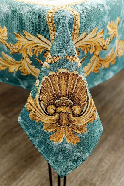 White And Green Tapestry Tablecloth With Lemons, Grapes, Flowers, Gold Monogram Pattern | Luxury Home Decor, Living Room Textile, Gift Idea.