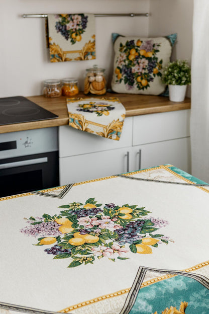 White And Green Tapestry Tablecloth With Lemons, Grapes, Flowers, Gold Monogram Pattern | Luxury Home Decor, Living Room Textile, Gift Idea.