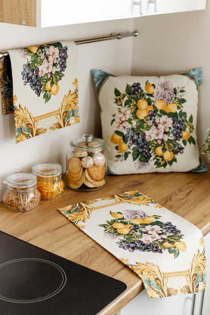 Italian Style Tapestry Placemats With Lemons, Grapes, Flowers, Gold Monogram Pattern | Luxury Home Decor, Living Room Textile, Gift Idea.