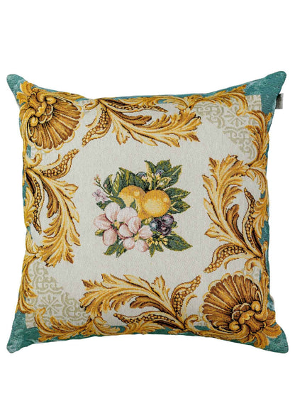 Green And Gold Tapestry Pillowcase With Lemons, Grapes, Flowers Pattern | Luxury Home Decor, Living Room Textile, Gift Idea
