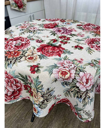 Round Tapestry Tablecloth With Big Flowers Pattern | Festive Kitchen, Living Room, Home Textile Set, Housewarming Present Idea