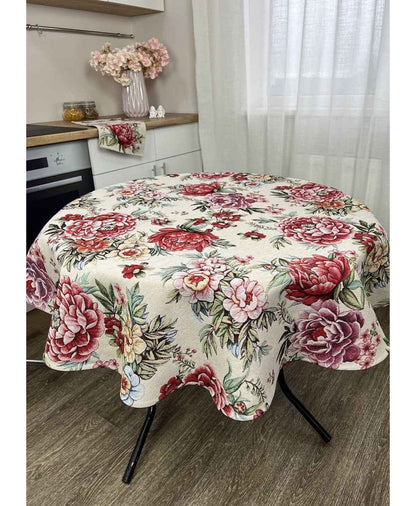 Round Tapestry Tablecloth With Big Flowers Pattern | Festive Kitchen, Living Room, Home Textile Set, Housewarming Present Idea