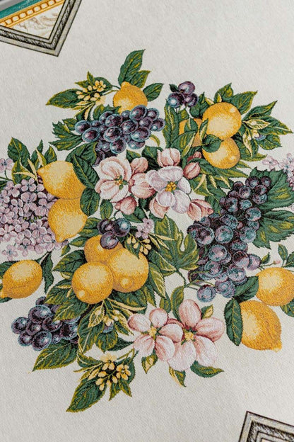 White And Green Tapestry Tablecloth With Lemons, Grapes, Flowers, Gold Monogram Pattern | Luxury Home Decor, Living Room Textile, Gift Idea.