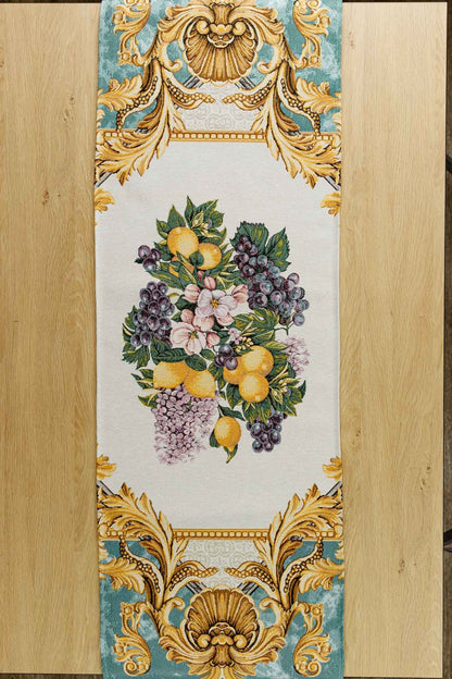 Italian Style Tapestry Table Runner With Lemons, Grapes, Flowers, Gold Monogram Pattern | Luxury Home Decor, Living Room Textile, Gift Idea.