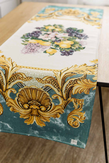 Italian Style Tapestry Table Runner With Lemons, Grapes, Flowers, Gold Monogram Pattern | Luxury Home Decor, Living Room Textile, Gift Idea.