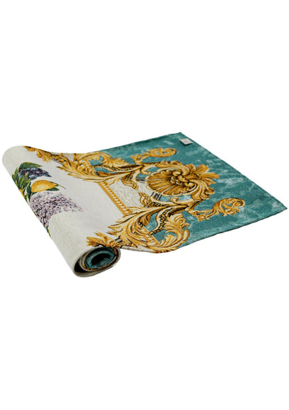 Italian Style Tapestry Table Runner With Lemons, Grapes, Flowers, Gold Monogram Pattern | Luxury Home Decor, Living Room Textile, Gift Idea.