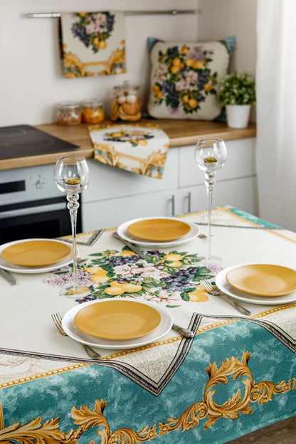 Italian Style Tapestry Placemats With Lemons, Grapes, Flowers, Gold Monogram Pattern | Luxury Home Decor, Living Room Textile, Gift Idea.