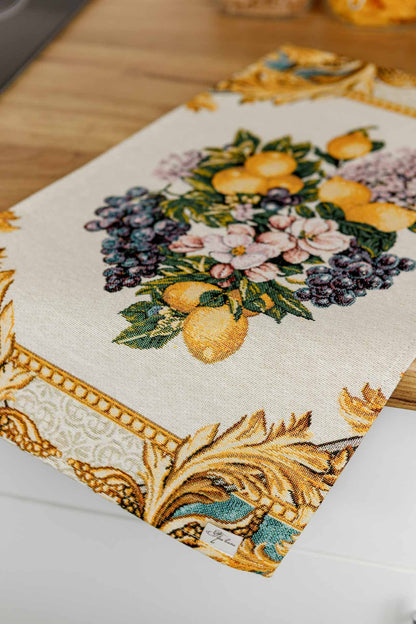Italian Style Tapestry Placemats With Lemons, Grapes, Flowers, Gold Monogram Pattern | Luxury Home Decor, Living Room Textile, Gift Idea.