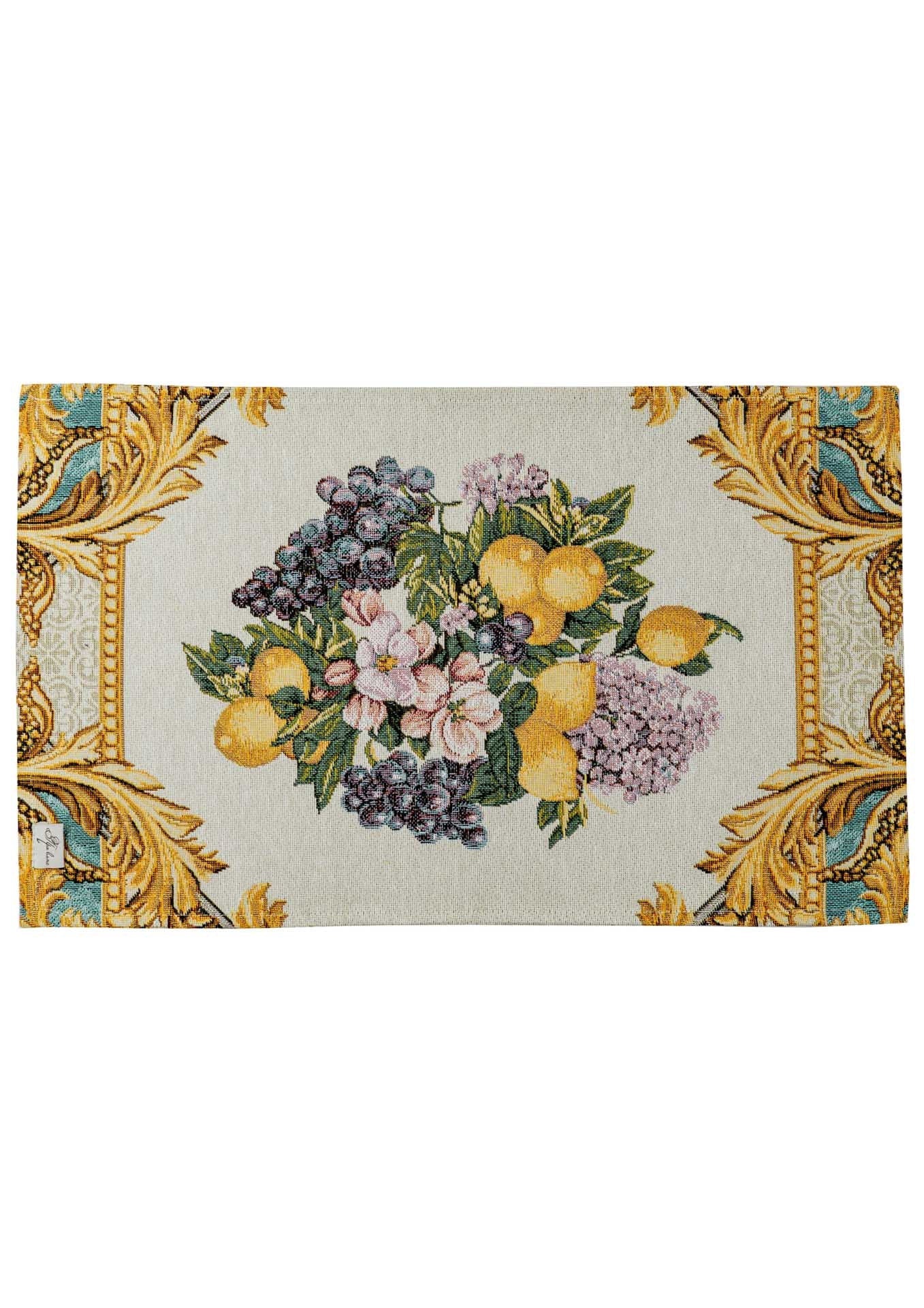 Italian Style Tapestry Placemats With Lemons, Grapes, Flowers, Gold Monogram Pattern | Luxury Home Decor, Living Room Textile, Gift Idea.
