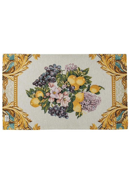 Italian Style Tapestry Placemats With Lemons, Grapes, Flowers, Gold Monogram Pattern | Luxury Home Decor, Living Room Textile, Gift Idea.