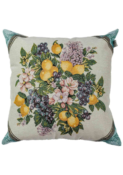Green And Gold Tapestry Pillowcase With Lemons, Grapes, Flowers Pattern | Luxury Home Decor, Living Room Textile, Gift Idea