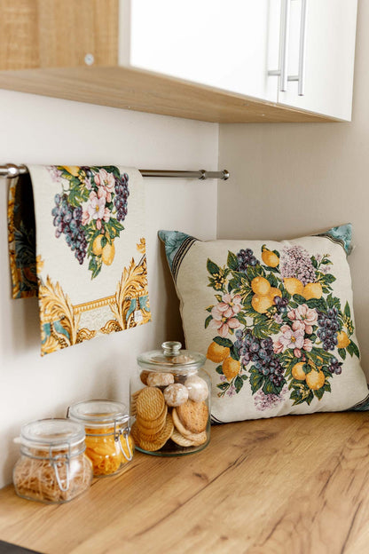 Green And Gold Tapestry Pillowcase With Lemons, Grapes, Flowers Pattern | Luxury Home Decor, Living Room Textile, Gift Idea