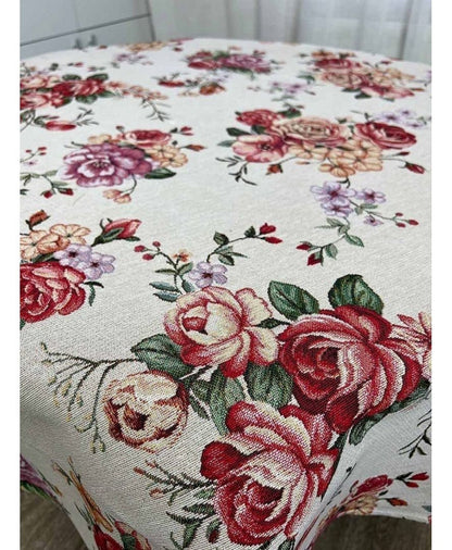 Round Tapestry Tablecloth With Big Flowers Pattern | Festive Kitchen, Living Room, Home Textile Set, Housewarming Present Idea