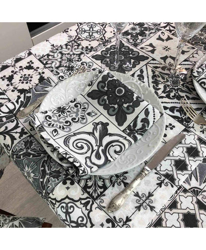 White And Black Tablecloth With Monochrome, Geometric, Ornamental Pattern | Festive Home Decor, Kitchen Textile Set, Gift Idea.