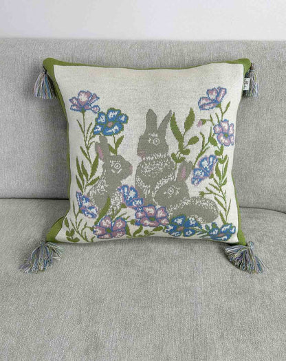 Knitted Pillowcase With Tassels, Bunnies, Flowers Pattern | Easter Festive Home Decor, Living Room, Bedroom Textile Set, Present Idea