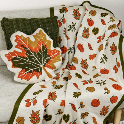 Knitted Fall Blanket | Pumpkin and Autumn Leaves Throw | Halloween Thanksgiving Home Decor | Cozy Living Room Gift