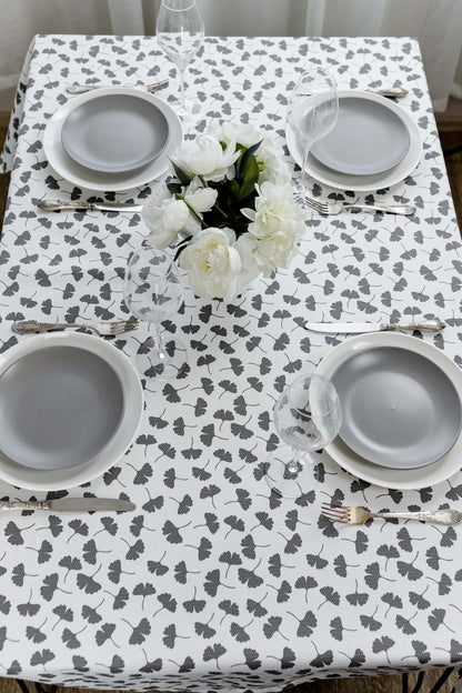 White Cotton Tablecloth With Grey Flowers Pattern | Floral Kitchen Table Cover, Housewarming Present Idea