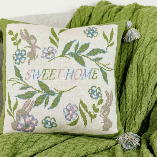 Knitted Pillowcase With Tassels, Bunny, Flowers, Sweet Home Words Pattern | Easter Holiday Festive Home Decor, Living Room, Bedroom Textile Set, Gift Idea