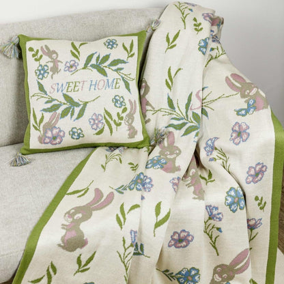 Knitted Blanket With Bunnies, Flowers, Sweet Home Words Pattern | Festive Home Decor, Living Room, Bedroom Textile Set With Pillowcase